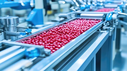Poster - Pharmaceutical manufacturing line with automated pill sorting machinery.