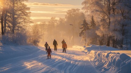 Poster - Families glide along a snow covered trail, surrounded by frosted trees, as the sun sets, casting a warm glow on the winter evening atmosphere.