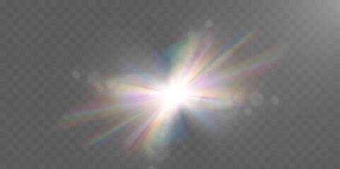 Aufkleber - Bright white lens flare, glowing light burst, transparent bokeh effect, shining star explosion, hexagonal reflection, optical glare, abstract illumination, radiant energy, dynamic spark.	
