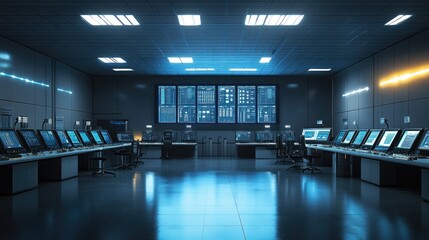 Poster - Power station control room with screens monitoring energy production.
