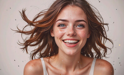 Poster - Woman with long brown hair and a smile on her face. She is wearing a white tank top