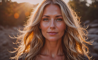 Aufkleber - Woman with long blonde hair is smiling and looking at the camera. The image has a warm and inviting mood, with the sun shining on the woman's hair and the surrounding landscape