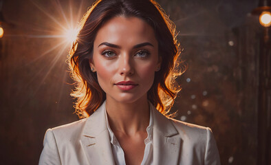 Aufkleber - Woman with long brown hair and a white blazer is standing in front of a light. She has a serious expression on her face