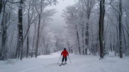 Aufkleber - A skier dressed in a bright red jacket glides gracefully along a narrow, snowy trail surrounded by tall, frosted trees on a misty winter day.