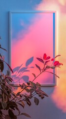 Aufkleber - Soft hues of pink and blue blend seamlessly, creating a tranquil atmosphere. Delicate leaves cast gentle shadows, enhancing the artistic ambiance of this peaceful indoor space