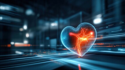 Poster - Dynamic visualization of a heartbeat in digital space virtual environment 3d graphic abstract concept