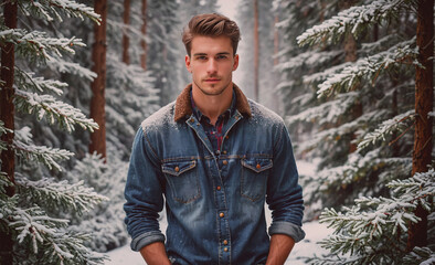 Aufkleber - Man in a blue jacket is posing in a snowy forest. Concept of solitude and tranquility, as the man stands alone in the midst of the trees. The snow-covered landscape adds to the peaceful atmosphere