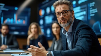 Poster - A professional man speaks during a meeting, surrounded by colleagues and digital displays showcasing data and graphs.