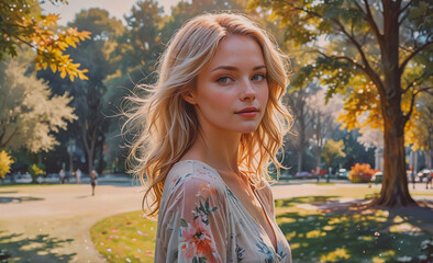 Aufkleber - Woman with blonde hair and a floral dress is standing in a park. She is smiling and looking at the camera
