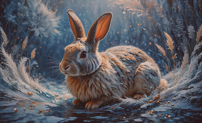 Poster - Rabbit is sitting in the snow, looking at the camera. The image has a peaceful and serene mood, as the rabbit is alone in a quiet, snowy landscape