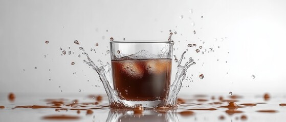 Poster - Refreshing cola drink with ice cubes creating dynamic splash on a clean white background in studio shot with close up angled view