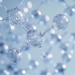 Poster - Molecular Structure Clear Glass Model with Spheres and Rods Scientific Research and Innovation Concept on Soft Blue Background