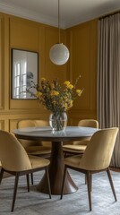 Aufkleber - Warm yellow walls create an inviting atmosphere in this modern dining area, where a round wooden table and elegant chairs surround a lovely floral arrangement in a clear vase