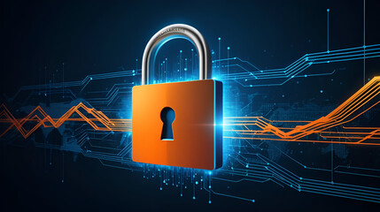 glowing padlock icon amidst digital data streams, symbolizing cybersecurity in the modern digital la
