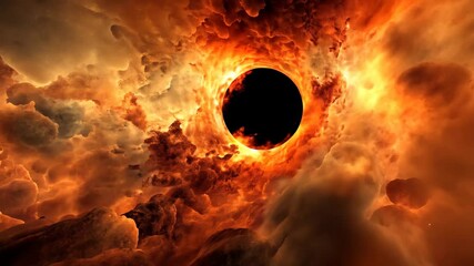 Wall Mural - Cosmic event unfolds with a black hole surrounded by vibrant cosmic clouds and fiery elements