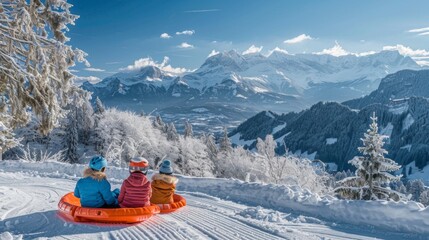 Aufkleber - Three children dressed warmly are sledding down a snowy slope, surrounded by a breathtaking panorama of majestic snow covered mountains on a clear day.