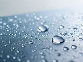 Poster - Captivating macro shot of water droplets on a smooth surface creating a serene and refreshing visual texture with soft lighting and a clean background