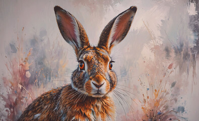Poster - Rabbit is sitting in a field with a brush stroke background. The rabbit is looking directly at the camera