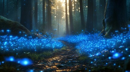 Aufkleber - In a secluded forest during twilight, glowing blue lights illuminate the ground, revealing vibrant flora. A soft path winds through the enchanting trees, beckoning adventurers