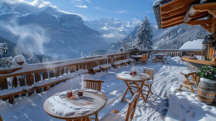 Poster - Visitors enjoy a warm, inviting space on a terrace surrounded by snow covered mountains, while sipping hot beverages under a bright blue sky.
