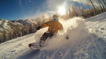 Aufkleber - A snowboarder skillfully navigates a snowy slope, spraying powder in the air while enjoying the clear sky and bright sun in a picturesque mountain setting.