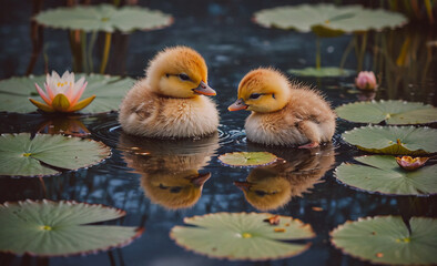 Poster - Two baby ducks are swimming in a pond with lily pads. The pond is calm and peaceful, and the ducks seem to be enjoying their time in the water