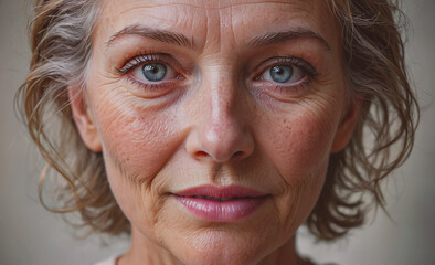 Aufkleber - Woman with a blue eye and a pink lip. She has a lot of wrinkles on her face