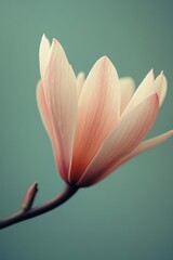 Poster - Elegant magnolia blossom with delicate petals against a serene teal backdrop in soft focus botanical style