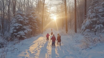 Aufkleber - A group of children is engaging in cross country skiing along a snowy path, surrounded by tall trees as the sun sets, casting golden light through the branches.