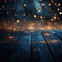Poster - Enchanting bokeh lights dancing above rustic wooden planks creating a magical and dreamy atmosphere with a captivating and artistic visual style