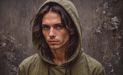 Aufkleber - Man with long hair is wearing a green hoodie. He has a serious expression on his face