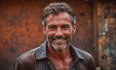 Aufkleber - Man with a beard and a smile is wearing a leather jacket. He is smiling and looking at the camera