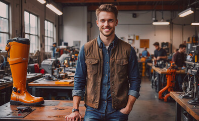 Aufkleber - Man in a vest stands in front of a yellow boot. He is smiling and he is happy