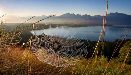 intricate spider s web adorned with dew in foreground overlooking lake chiemsee and bavarian alps