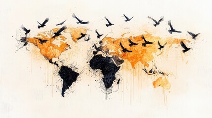 Naklejka na meble Artistic depiction of a world map with birds in flight, showcasing vibrant colors and unique abstract elements
