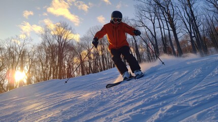 Aufkleber - A skier in an orange jacket gracefully descends a snow covered slope as the sun sets, casting a warm glow through the trees that line the path, creating a picturesque winter scene.