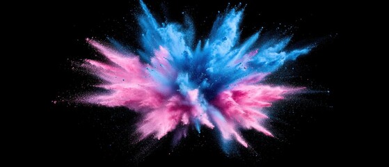 Poster - Captivating explosion of vibrant pink and blue powder creating a dynamic artistic display against a dark background in a studio shot