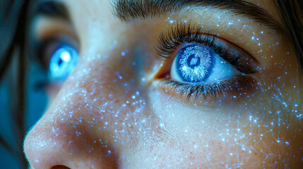 Poster - Close-up of a woman eye with futuristic blue digital details, symbolizing AI integration and technology