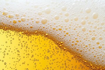 Poster - Refreshing golden beer with thick white foam and rising bubbles creates a captivating macro photography image, ideal for beverage and brewery-related projects