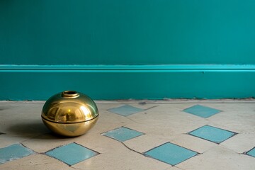 Aufkleber - Golden Decorative Bowl on Vintage Floor with Turquoise Wall