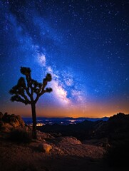 Wall Mural - majestic joshua tree silhouetted against the dazzling milky way galaxy in a starry night sky landsca
