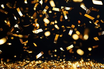 Poster - Golden confetti falling against a dark background with glowing bokeh lights, creating a festive and celebratory atmosphere
