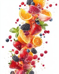 Poster - Vibrant cascade of fresh mixed berries and juicy orange slices creating a refreshing and healthy visual delight on a clean white background