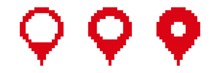 Poster - Three pixelated red map markers vary in size, showcasing an iconic digital design with a central circle.