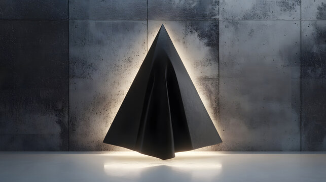 Illuminated Black Abstract Pyramid Sculpture Against Concrete Wall