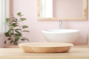 Poster - Empty round wooden tray on bathroom countertop with blurred sink, mirror, and plant, perfect for showcasing products in a minimalist spa setting