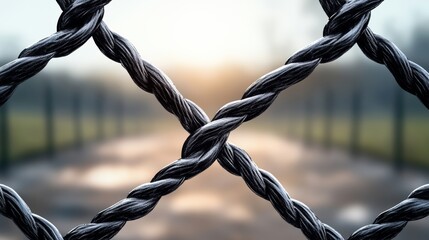 Chain link fence with a rope tied to it. The rope is tied in a knot, and the fence is open. The rope is hanging from the top of the fence, and it is a makeshift barrier