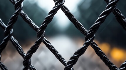 Black chain link fence with a few strands of wire hanging out. The fence is open and the wire is twisted