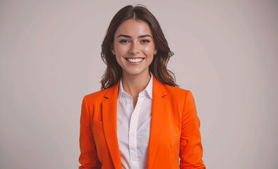 Aufkleber - Woman in an orange suit and white shirt is smiling. She looks happy and confident. The outfit is professional and appropriate for a business setting