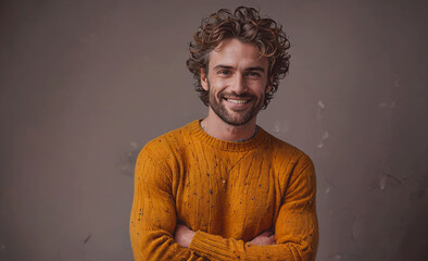 Aufkleber - Man with curly hair is wearing a yellow sweater and smiling. He is posing for a picture and he is happy